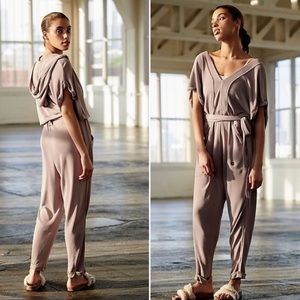 Free People taupe/mocha NWT soft hooded jumpsuit.